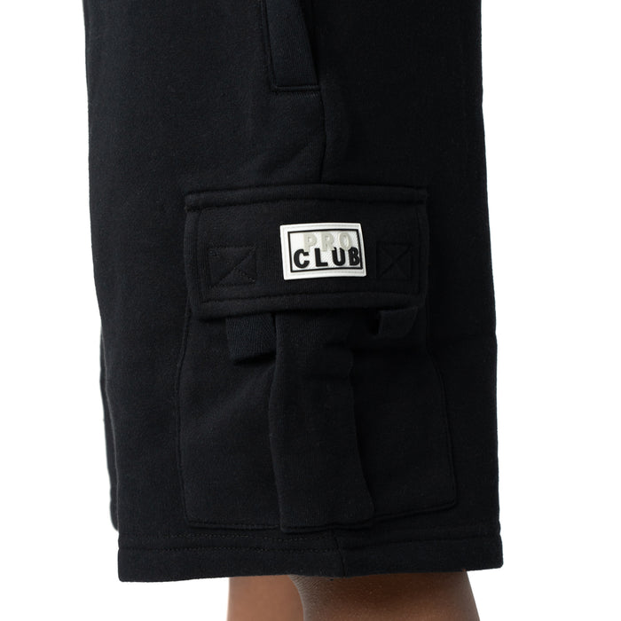 Black fleece cargo shorts with Club logo patch on cargo pocket