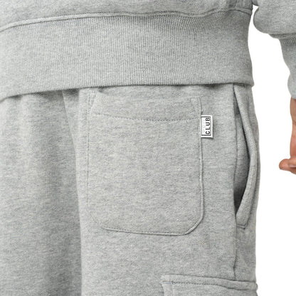 Youth heather grey fleece cargo shorts with large front pocket and small logo tag