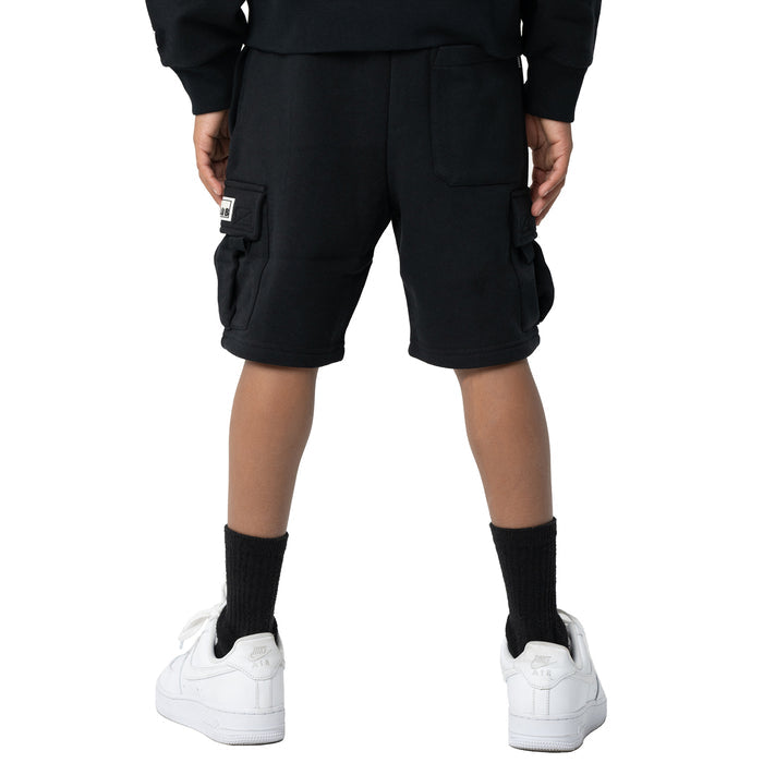 Youth black fleece cargo shorts with cargo pockets and drawstring waist