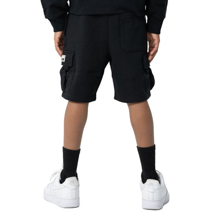 Youth black fleece cargo shorts with cargo pockets and drawstring waist