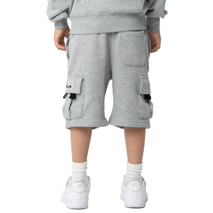 Youth heather grey fleece cargo shorts full view with drawstring and side cargo pockets