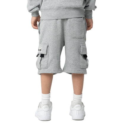 Youth heather grey fleece cargo shorts full view with drawstring and side cargo pockets