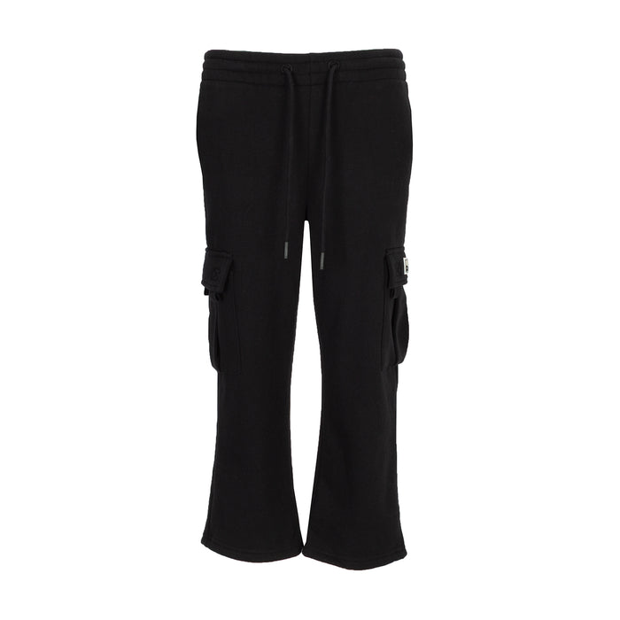 Youth black fleece cargo sweatpants with drawstring waist and cargo side pockets