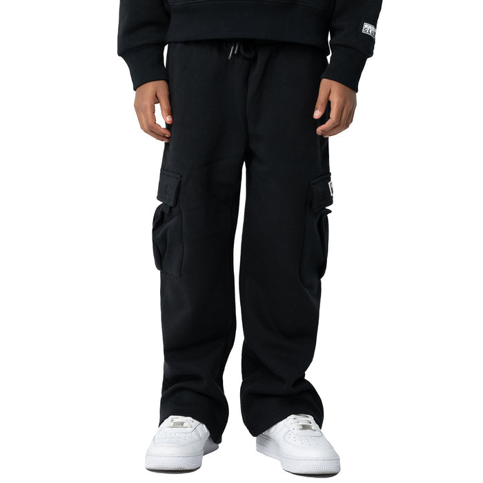 Black youth fleece cargo sweatpants with cuffed hems and side cargo pockets