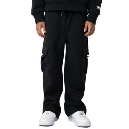 Black youth fleece cargo sweatpants with cuffed hems and side cargo pockets