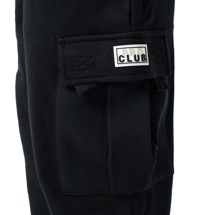 Black fleece cargo pocket on youth sweatpants with PRO CLUB patch