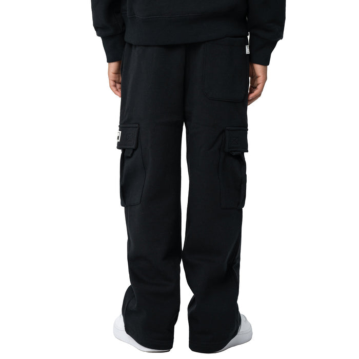 Black youth fleece cargo sweatpants back view with hip cargo pockets