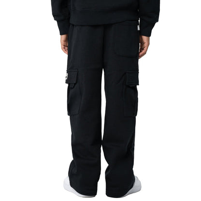 Black youth fleece cargo sweatpants back view with hip cargo pockets