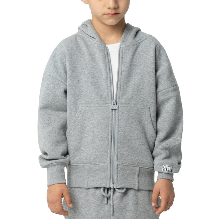 Heather grey youth zip-front hoodie with hood, front pockets, and elastic cuffs