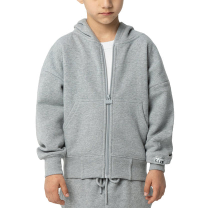 Heather grey youth zip-front hoodie with hood, front pockets, and elastic cuffs