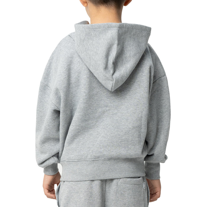 Heather grey youth zip-front hoodie, back view with hood