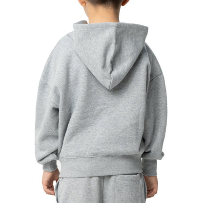 Heather grey youth zip-front hoodie, back view with hood