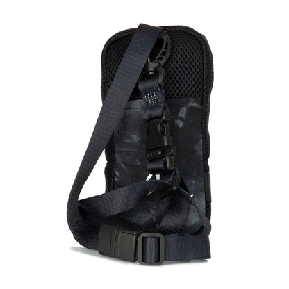 Utility pouch lanyard with adjustable strap and clip, black and grey side view