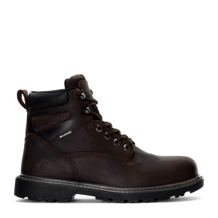 Men's 6-in steel-toe work boot, dark brown leather upper with lace-up front