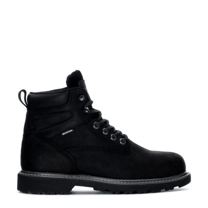 Men's 6-inch steel-toe work boot in black leather, lace-up with padded collar