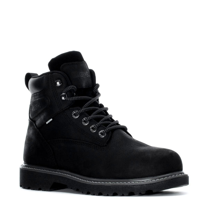 Men's black 6-inch steel-toe work boot, side view with metal lace eyelets