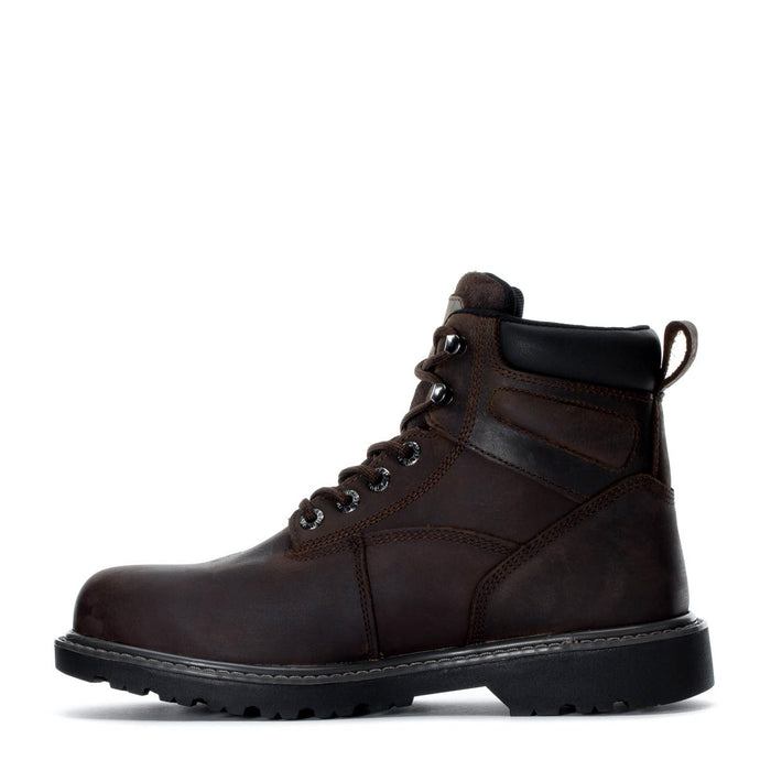 Men's 6-in steel-toe work boot in dark brown leather, side profile and laces