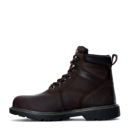 Men's 6-in steel-toe work boot in dark brown leather, side profile and laces