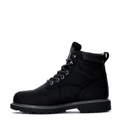 Men's black 6-inch steel-toe work boot, front three-quarter view