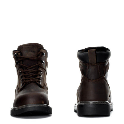 Men's dark brown steel-toe work boots, front and heel view with lace-up design
