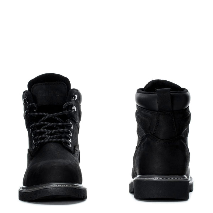 Men's black 6-inch steel-toe work boot, heel and rear view with pull tab