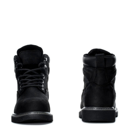 Men's black 6-inch steel-toe work boot, heel and rear view with pull tab