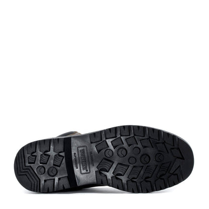Steel-toe work boot outsole, black rugged tread pattern for traction