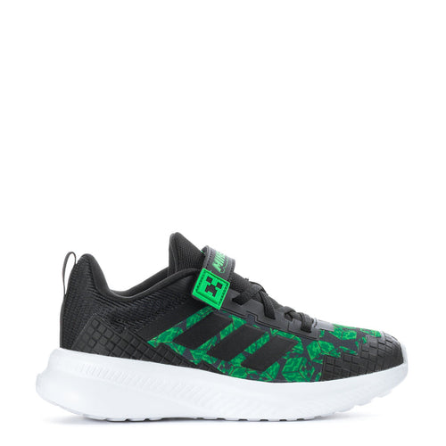 Kids' black and green running shoes with white sole and green graphic straps