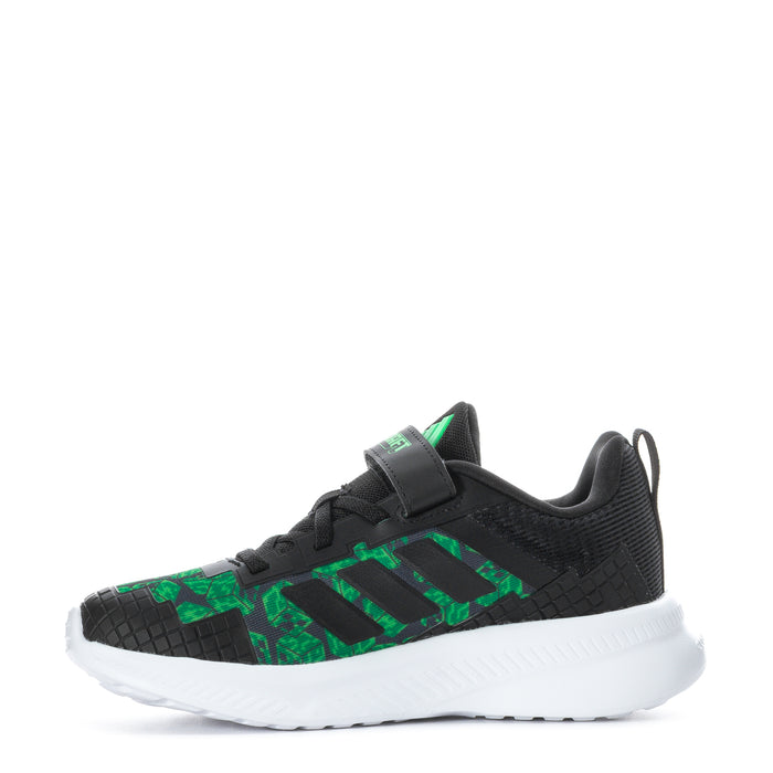 Kids' black low-top sneakers with green graphics and cushioned white midsole