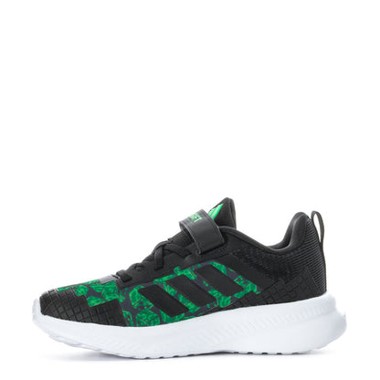 Kids' black low-top sneakers with green graphics and cushioned white midsole