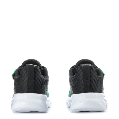 Kids' black sneakers with green heel accents and white cushioned sole