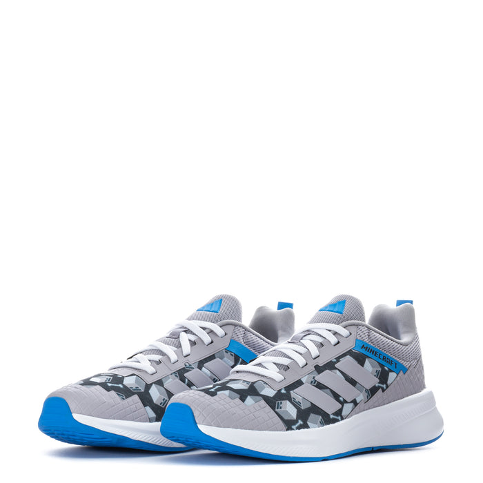 Pair of youth running shoes, gray with Minecraft graphics and blue accents, white soles.