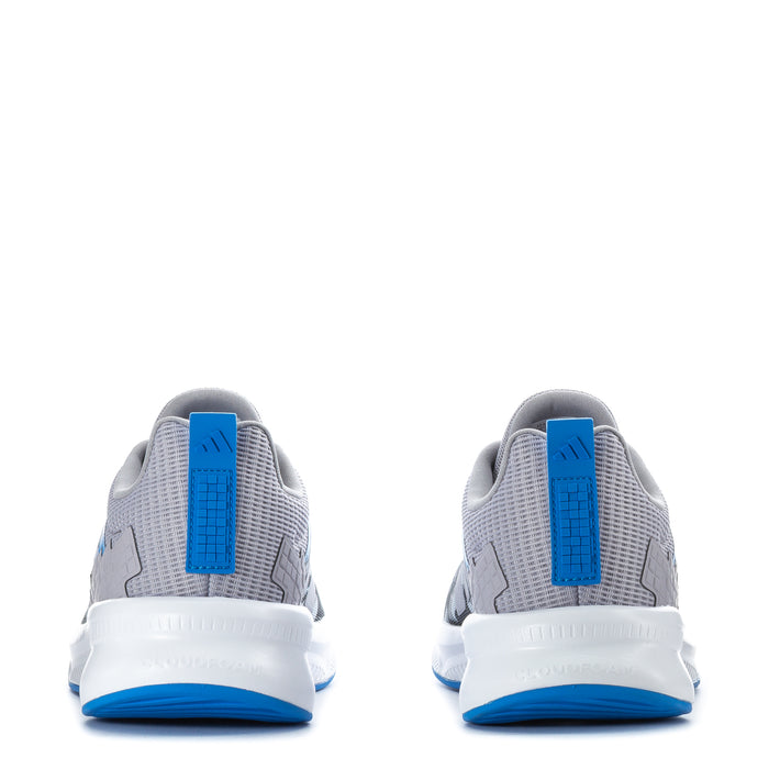 Youth running shoes heel view, gray knit with blue heel pull tabs, white sole.
