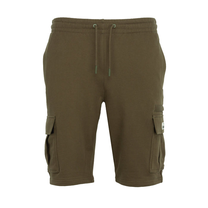 Military green cargo shorts with drawstring waist and side flap pockets
