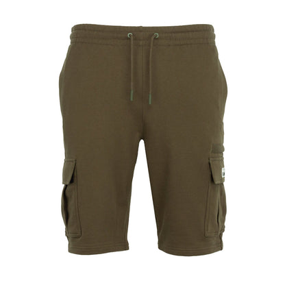 Military green cargo shorts with drawstring waist and side flap pockets