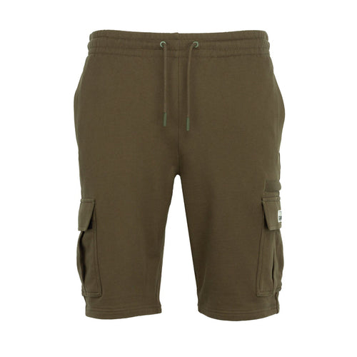 Military green cargo shorts with drawstring waist and side flap pockets