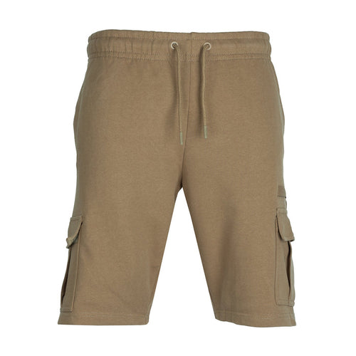Men's taupe French terry cargo shorts, drawstring waist, side cargo pockets
