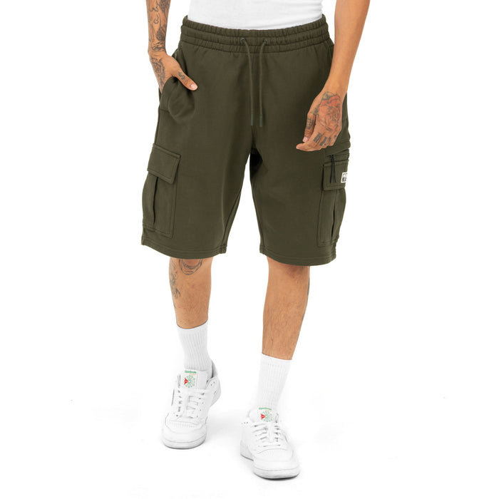 Military green cargo shorts on model, drawstring waist and side cargo pockets