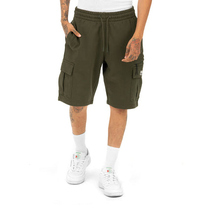 Military green cargo shorts on model, drawstring waist and side cargo pockets