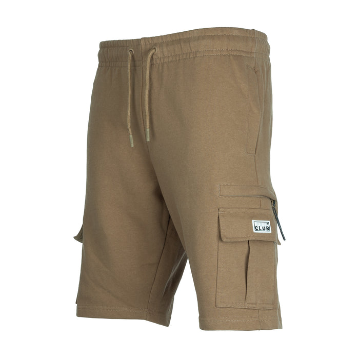 Men's taupe cargo shorts with drawstring waist, rear pocket flap, CLUB patch