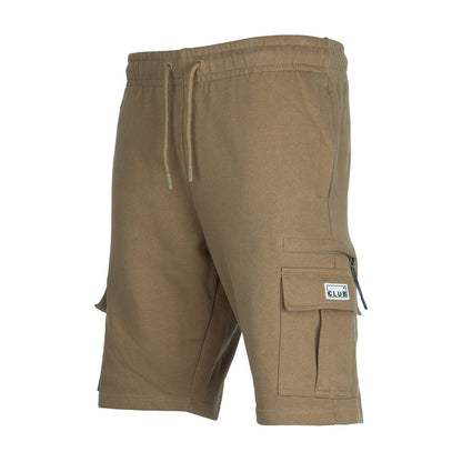 Men's taupe cargo shorts with drawstring waist, rear pocket flap, CLUB patch