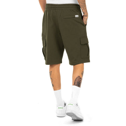 Military green cargo shorts, back view with cargo pocket and utility flap details