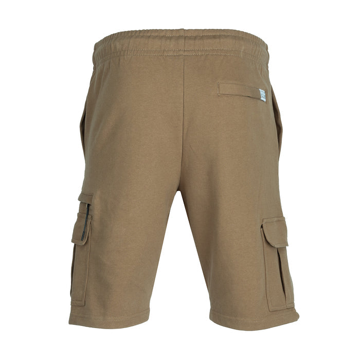 Men's taupe cargo shorts, elastic waist with drawstring, side cargo pockets