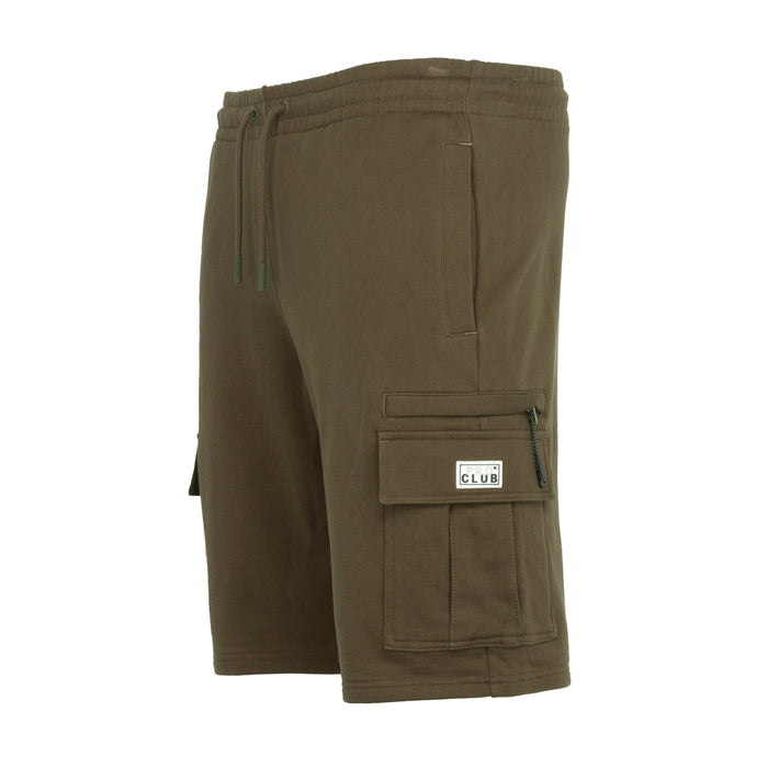 Military green cargo shorts back view with large cargo pocket and small patch label