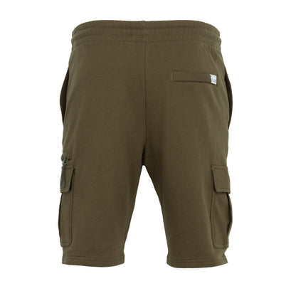 Military green cargo shorts with flap cargo pockets and drawstring waistband