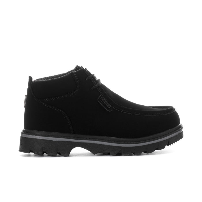 Men's black leather chukka boot with side zipper and rugged lug sole