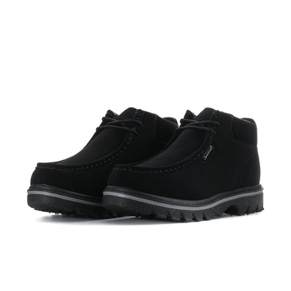 Men's black leather chukka boots, side view with zipper and lug tread sole