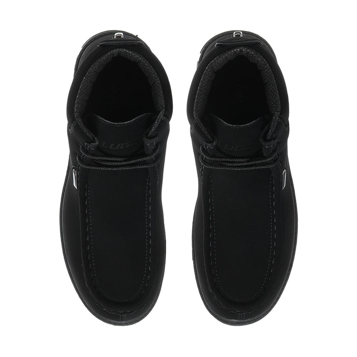 Pair of men's black leather chukka boots, front view with stitched upper and lace holes