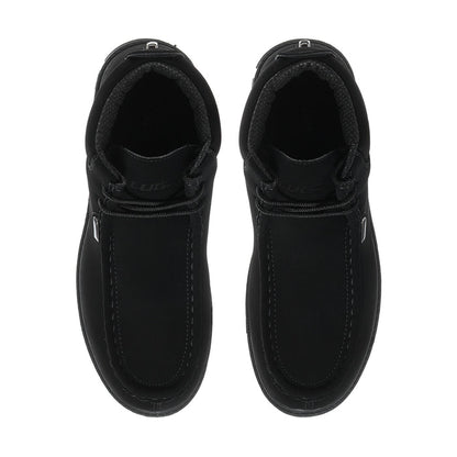 Pair of men's black leather chukka boots, front view with stitched upper and lace holes