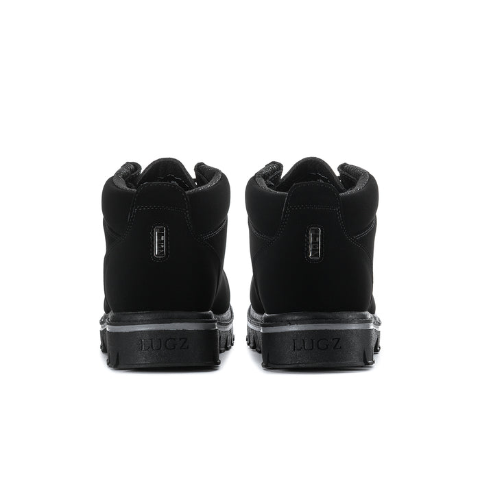Men's black leather chukka boots, heel view with pull tabs and LUGZ logo patch